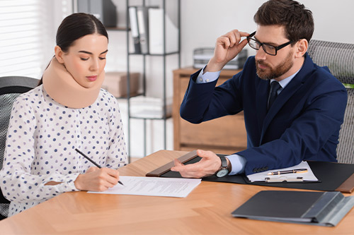 Una mujer con un collarín y una mujer están sentadas en un escritorio, centrándose en las acciones inmediatas posteriores a la lesión en Texas.