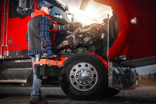 A truck driver inspects the engine of a big rig during sunset, showcasing skills and dedication to truck maintenance.