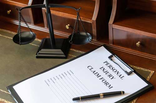 Formulario legal de reclamación por daños personales con la balanza de la justicia