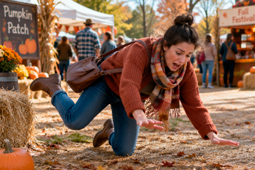 A woman kneels on the ground in a pumpkin patch, surrounded by various pumpkins and green vines.