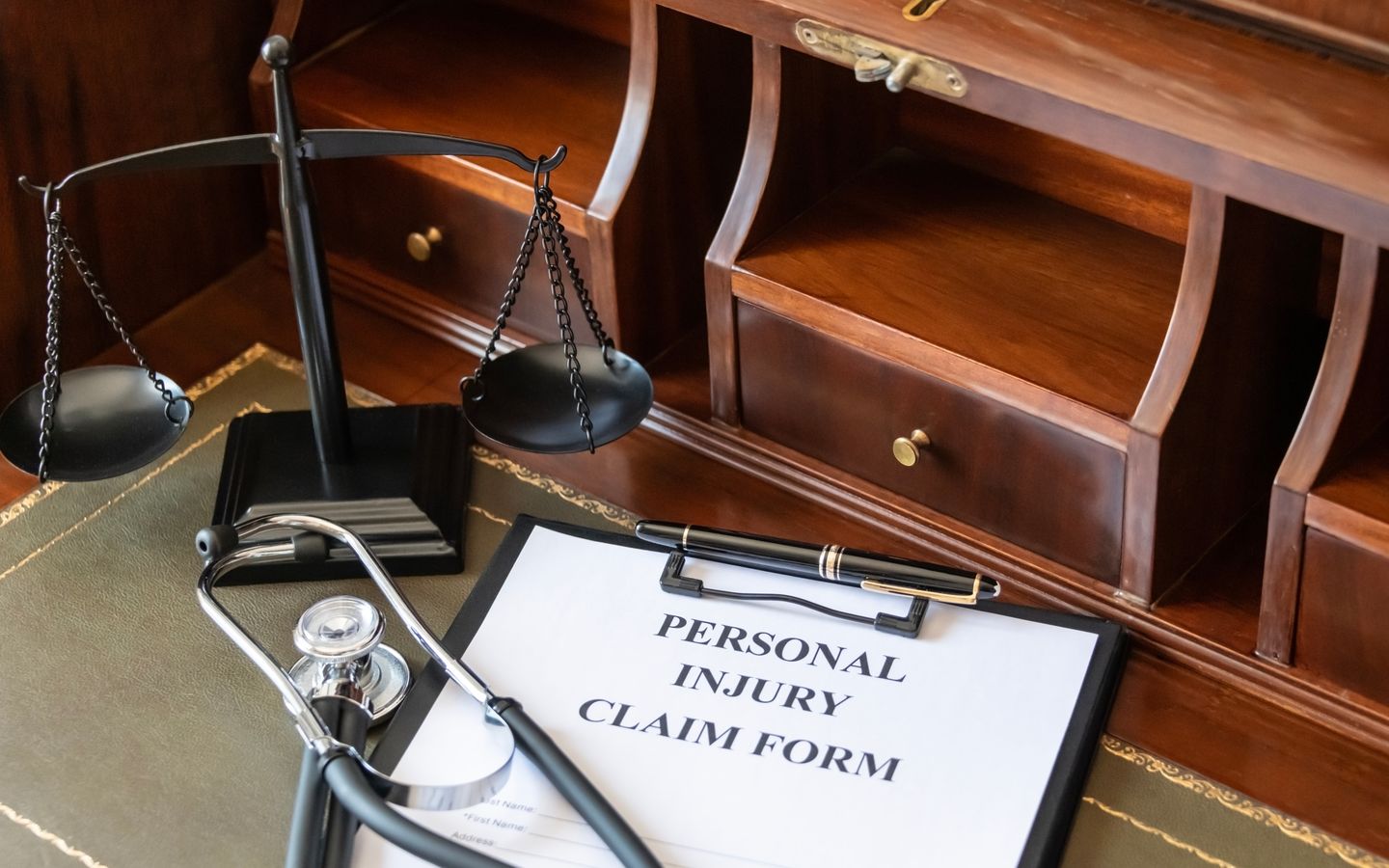 Personal injury claim form with a stethoscope and scales of justice on an attorney's desk